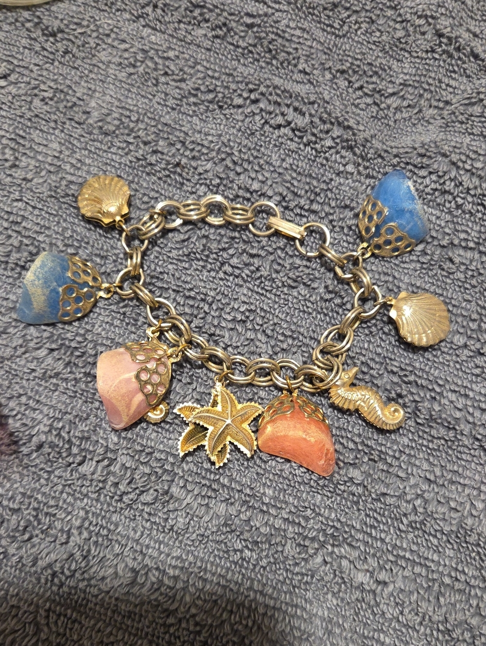 Gold-Tone Beach Charm Bracelet with Blue and Coral Shell Charms